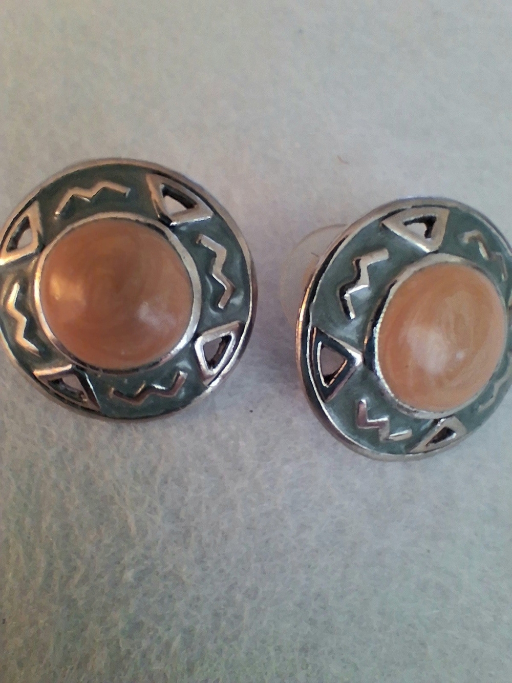 Silver Tan/ Peach w/ Muted Turquoise Color  Stud Earrings Southwest Inspired - Picture 6 of 6